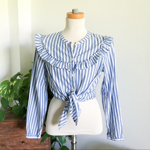 Old Navy Tops - OLD NAVY blue striped ruffle button front shirt